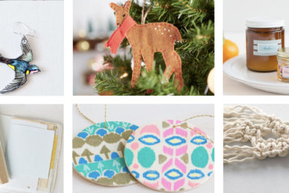 a photo collage of 6 different handmade gifts like felt deer ornaments and macrame keychains