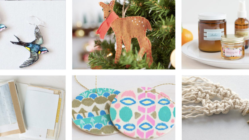 a photo collage of 6 different handmade gifts like felt deer ornaments and macrame keychains