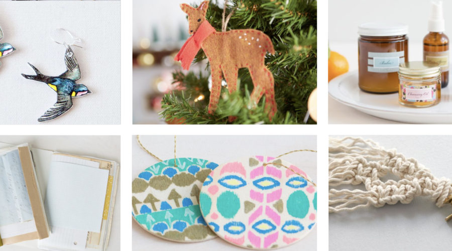 a photo collage of 6 different handmade gifts like felt deer ornaments and macrame keychains