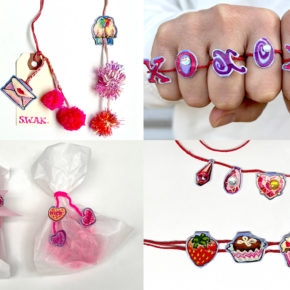 photo collage of 4 different ways to use DIY paper valentine's day charms: gift tags, rings, necklaces & bracelets, and baubles