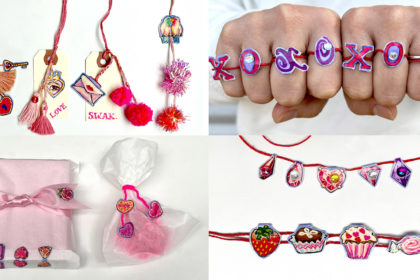 photo collage of 4 different ways to use DIY paper valentine's day charms: gift tags, rings, necklaces & bracelets, and baubles