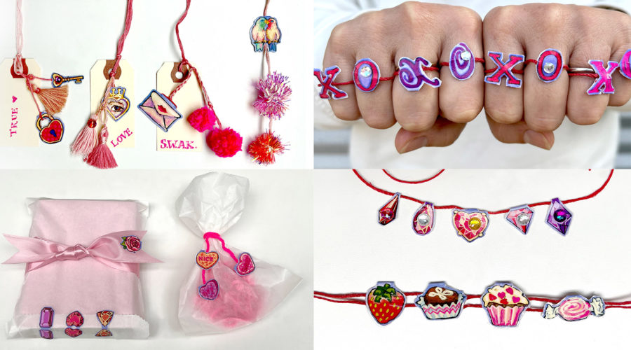 photo collage of 4 different ways to use DIY paper valentine's day charms: gift tags, rings, necklaces & bracelets, and baubles