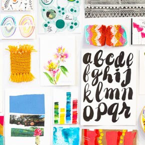 flat lay of various pieces of art and craft like watercolor painting and crochet in a colorful grid