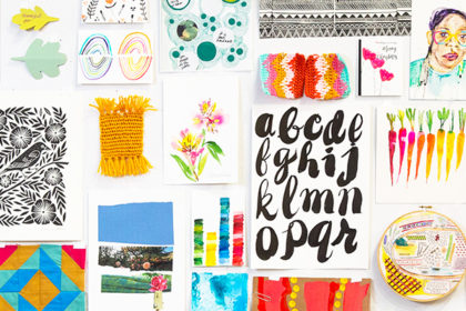 flat lay of various pieces of art and craft like watercolor painting and crochet in a colorful grid