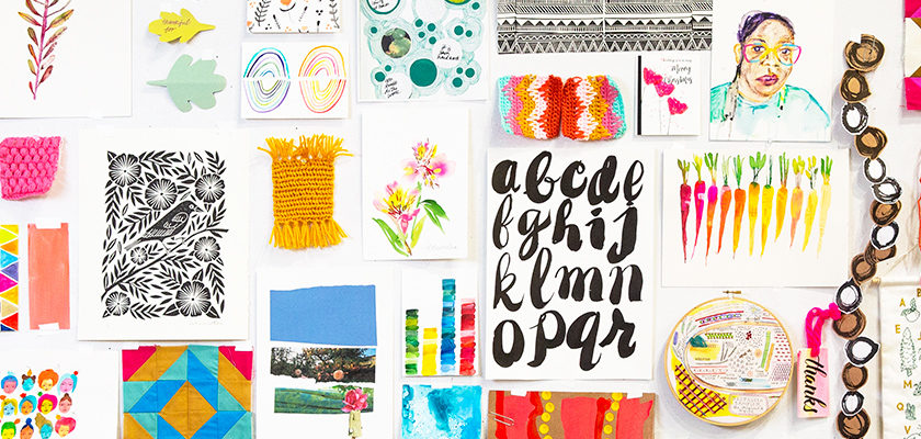 flat lay of various pieces of art and craft like watercolor painting and crochet in a colorful grid