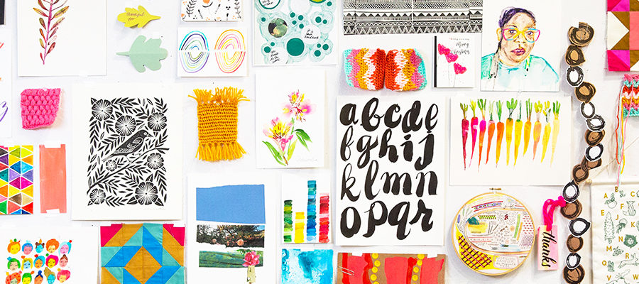 flat lay of various pieces of art and craft like watercolor painting and crochet in a colorful grid