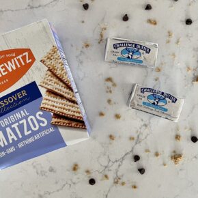 Image of the ingredients to make Matzah Crunch - matzah, brown sugar, butter and chocolate chips