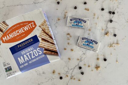 Image of the ingredients to make Matzah Crunch - matzah, brown sugar, butter and chocolate chips