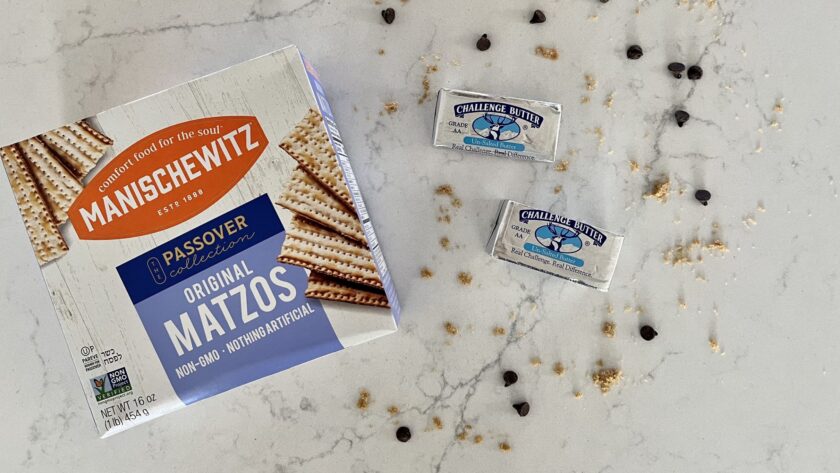 Image of the ingredients to make Matzah Crunch - matzah, brown sugar, butter and chocolate chips