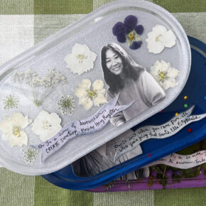 Image of 3 resin trinket trays in a loose stack with photos and quotes to celebrate women's history month