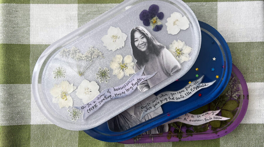 Image of 3 resin trinket trays in a loose stack with photos and quotes to celebrate women's history month
