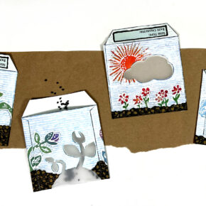 image of 4 handmade paper seed packs with hand painted floral designs on them