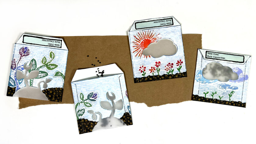 image of 4 handmade paper seed packs with hand painted floral designs on them