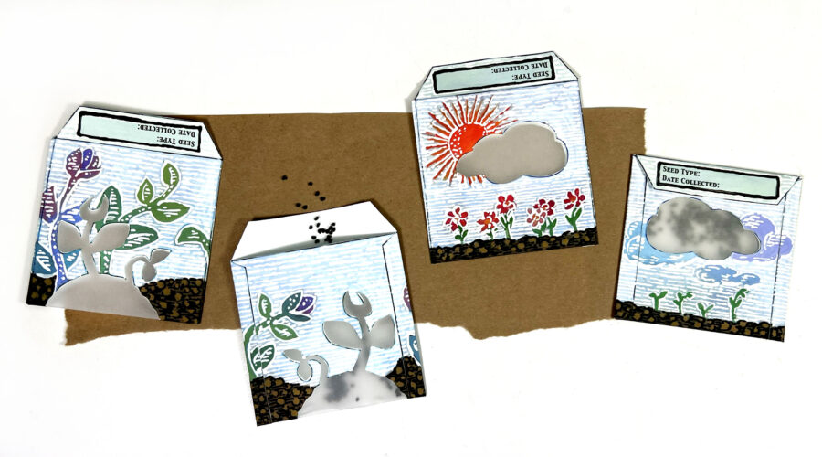 image of 4 handmade paper seed packs with hand painted floral designs on them