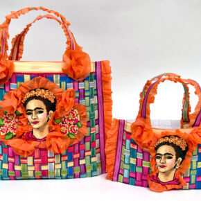 image of 2 colorful tote bags woven with paper and adorned with art of frida kahlo