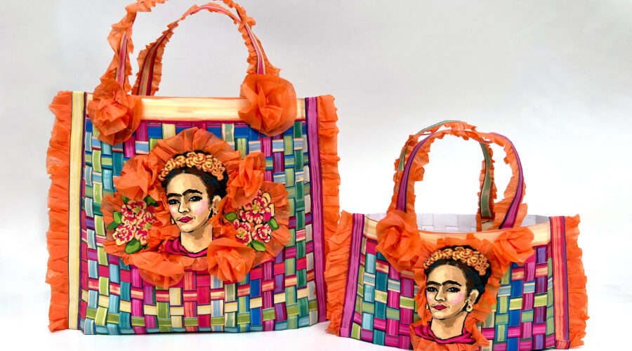 image of 2 colorful tote bags woven with paper and adorned with art of frida kahlo