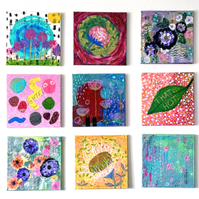 image of a gallery wall of square abstract paintings in many colors