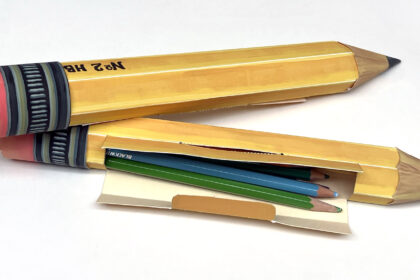 image of a paper pencil case that looks like a giant pencil made of paper
