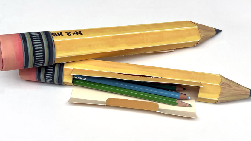 image of a paper pencil case that looks like a giant pencil made of paper