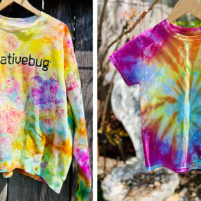 images of 2 photos of colorful ice-dyed shirts in neon rainbow hues - one shirt has a Creativebug logo