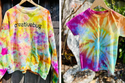 images of 2 photos of colorful ice-dyed shirts in neon rainbow hues - one shirt has a Creativebug logo