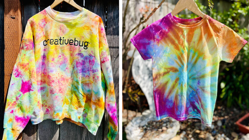 images of 2 photos of colorful ice-dyed shirts in neon rainbow hues - one shirt has a Creativebug logo