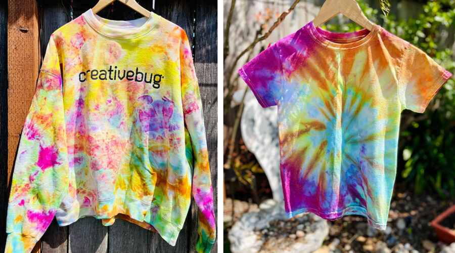 images of 2 photos of colorful ice-dyed shirts in neon rainbow hues - one shirt has a Creativebug logo