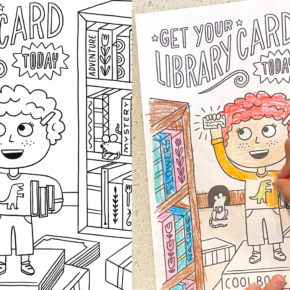 image of a coloring sheet depicting a happy child with a library card amongst book shelves in a library