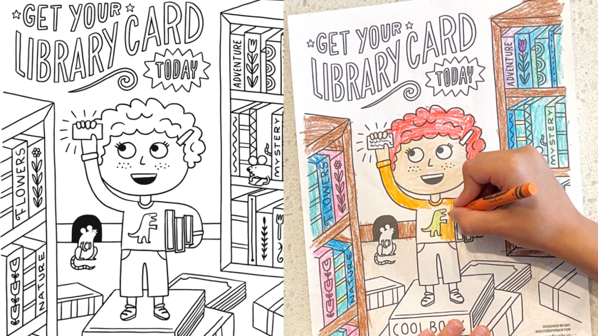 image of a coloring sheet depicting a happy child with a library card amongst book shelves in a library