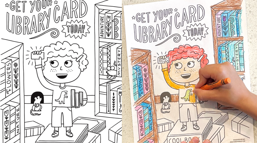 image of a coloring sheet depicting a happy child with a library card amongst book shelves in a library