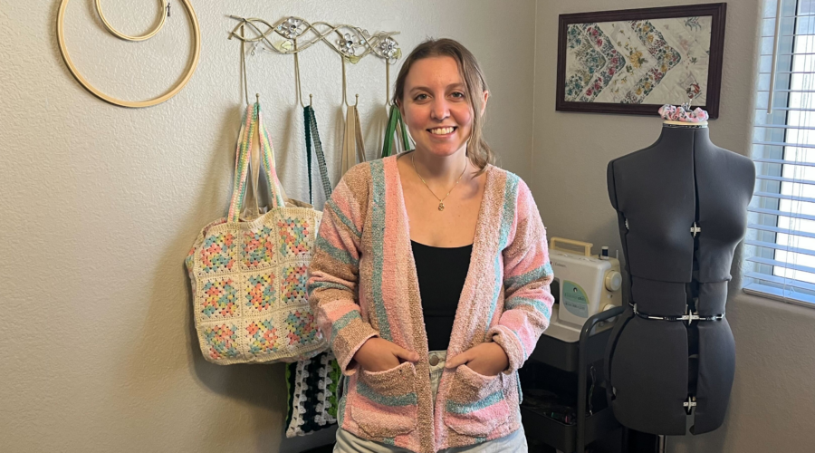 young woman wearing a striped cardigan