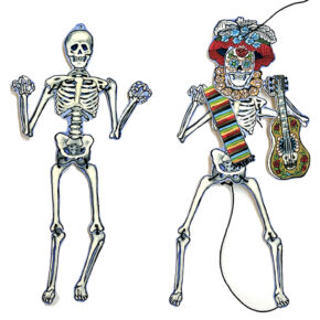 image of 2 small paper skeletons, one wearing a paper crown and holding a guitar and scarf
