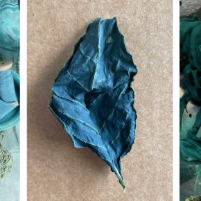 image of 3 photos showing a japanese indigo leaf and fabric dyed bluish green with indigo