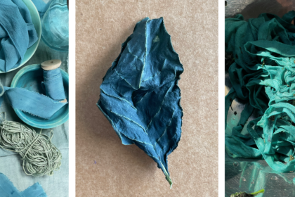 image of 3 photos showing a japanese indigo leaf and fabric dyed bluish green with indigo