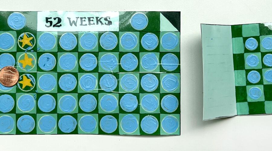 image of DIY scratch-off cards, on the left is a big card in blue ahnd green tones representing weeks of the year, and on the right is a small booklet with a similar grid to represent 1 week out of the year