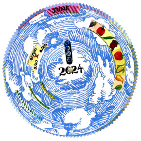 image of a colorful calendar wheel with blue and white clouds painted on top and handpainted vegetables peeking through the openings in the wheel