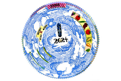 image of a colorful calendar wheel with blue and white clouds painted on top and handpainted vegetables peeking through the openings in the wheel