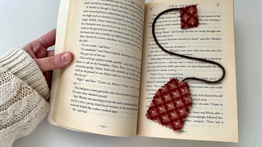 images of a hand opening a book with a tea-bag shaped bookmark inside