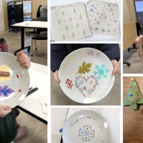 image of photo collage of hand-painted plates, hand-stamped gift bags, and hand-stitched deer ornaments made by children at their library