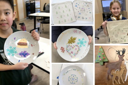 image of photo collage of hand-painted plates, hand-stamped gift bags, and hand-stitched deer ornaments made by children at their library