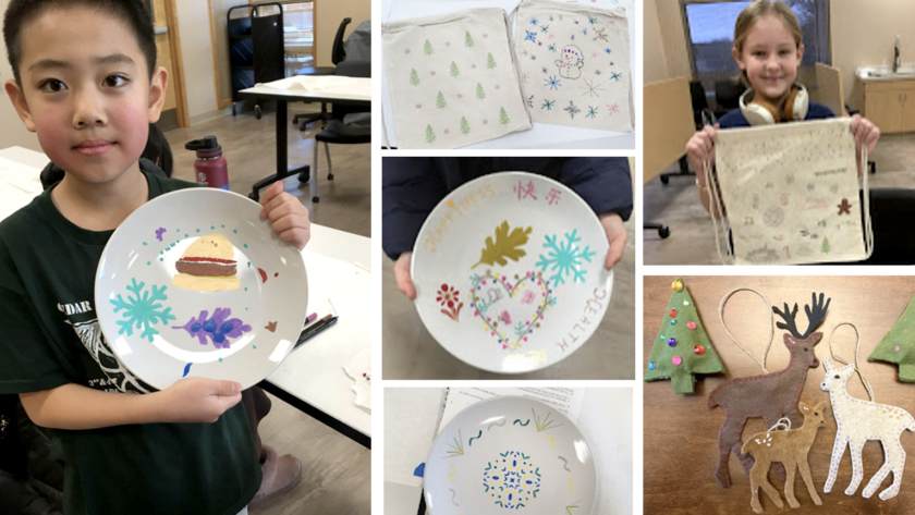 image of photo collage of hand-painted plates, hand-stamped gift bags, and hand-stitched deer ornaments made by children at their library