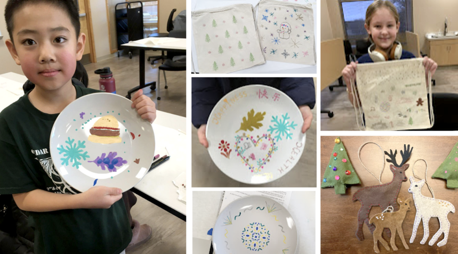 image of photo collage of hand-painted plates, hand-stamped gift bags, and hand-stitched deer ornaments made by children at their library
