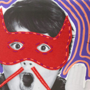 image of black and white photo of a child with a surprised face and mixed media felt and embroidered red mask and moustache for halloweenj