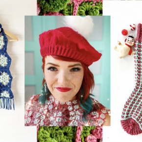 image collage of a oman wearing a red hand knit holiday beret with images of a snowflake scarf and knitted stocking in the background