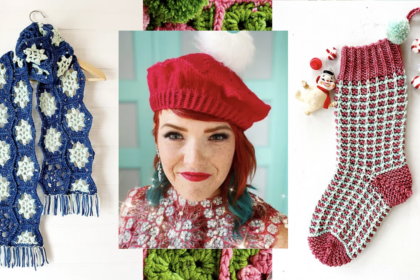 image collage of a oman wearing a red hand knit holiday beret with images of a snowflake scarf and knitted stocking in the background