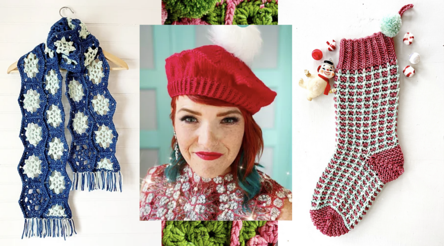 image collage of a oman wearing a red hand knit holiday beret with images of a snowflake scarf and knitted stocking in the background