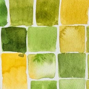 image of color study with squares swatches of watercolor paint in shades of green and yellow
