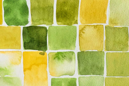 image of color study with squares swatches of watercolor paint in shades of green and yellow
