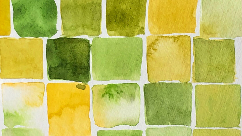 image of color study with squares swatches of watercolor paint in shades of green and yellow