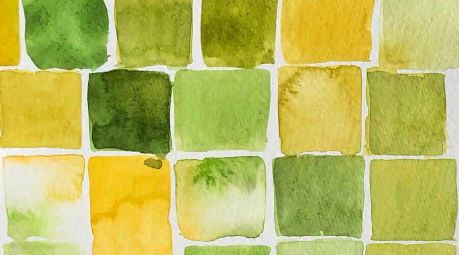 image of color study with squares swatches of watercolor paint in shades of green and yellow